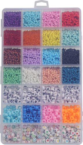 Smykkeperler i boks, 28 farger/typer, 440g